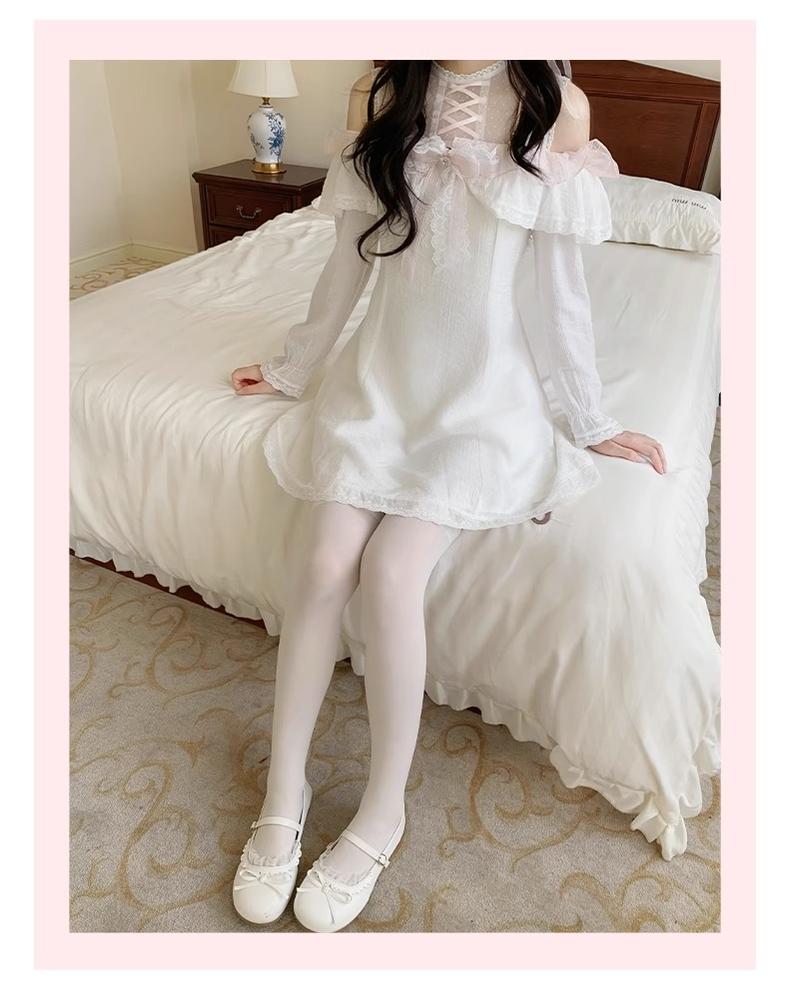 Open Shoulder Ryousangata A-Line Dress with Lace & Bow 43070:765947