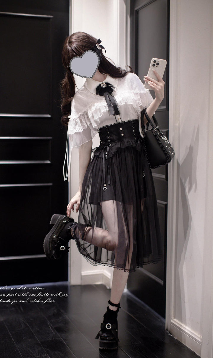 Jirai Kei Cape-Styled Blouse, High-Waist Skirt With Veil Overlay 42919:775525