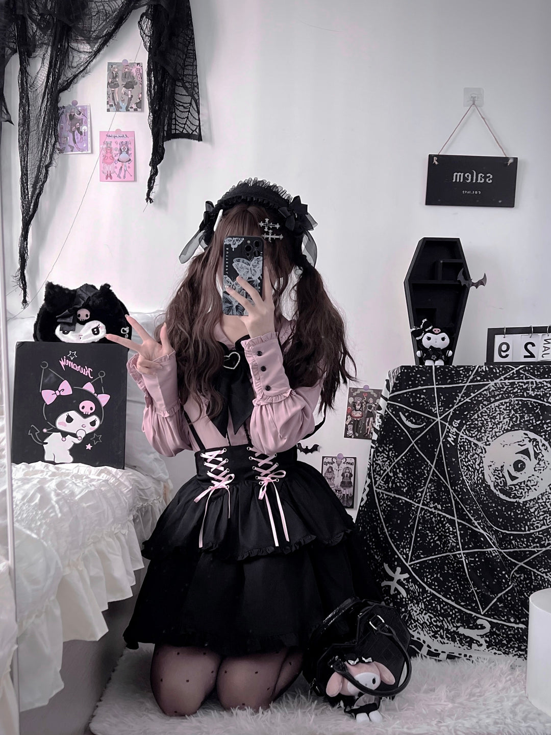 Pink Jirai Kei Blouse, Black Lace Up Skirt 21832:461365