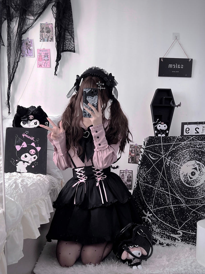 Pink Jirai Kei Blouse, Black Lace Up Skirt 21832:461365