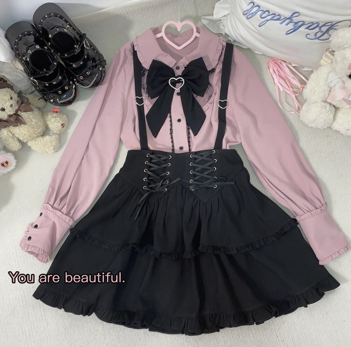 Pink Jirai Kei Blouse, Black Lace Up Skirt (L M S XL) 21832:461347