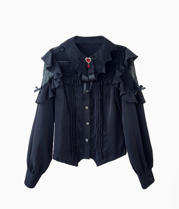 Jirai Kei Blouse Lace Bat Collar Burgundy And Black Shirt (L M S XL) 39630:633468