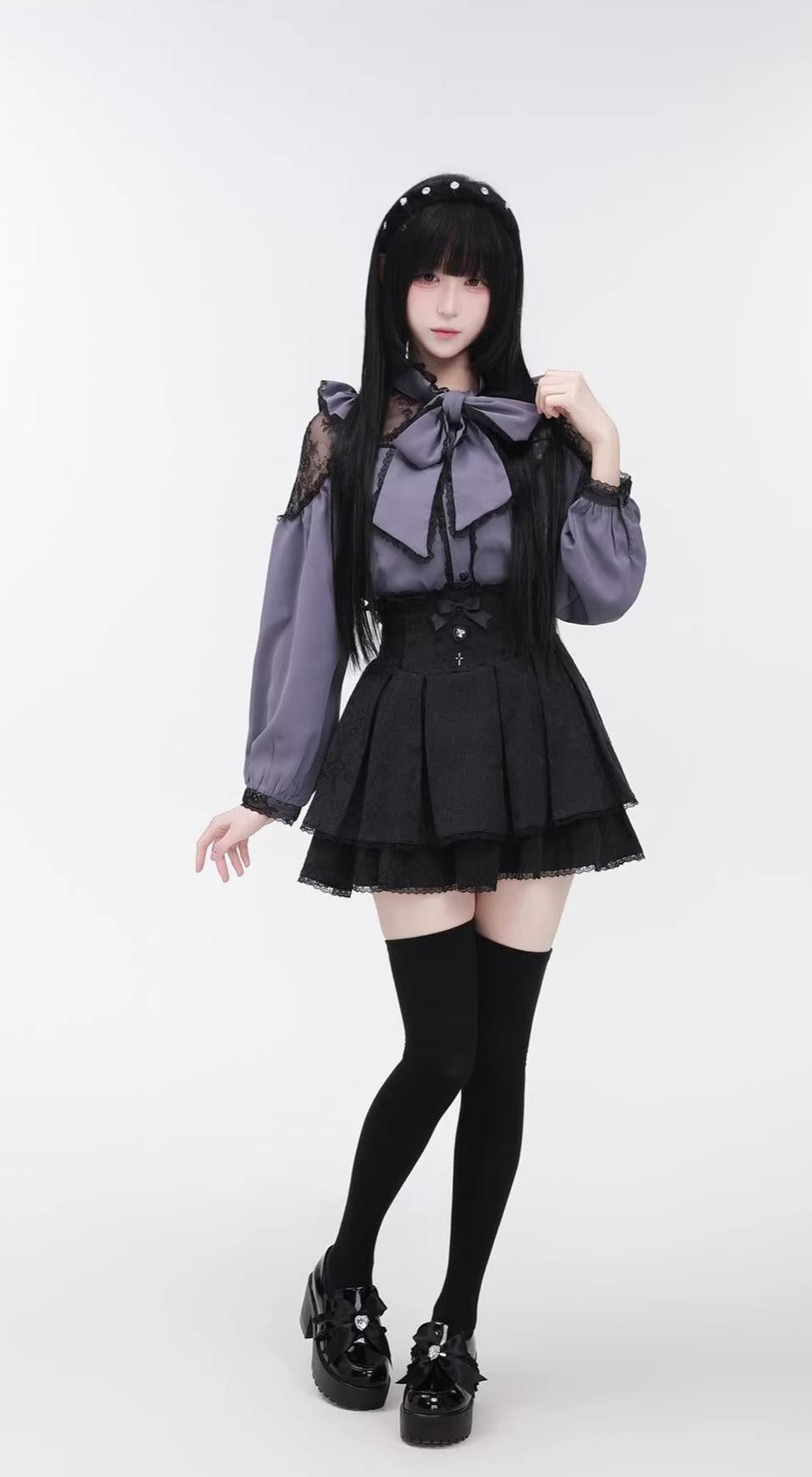 Jirai Kei Stand Collar Shirt with Lace Shoulder And Ribbon (2XL L M S XL) 42748:752294