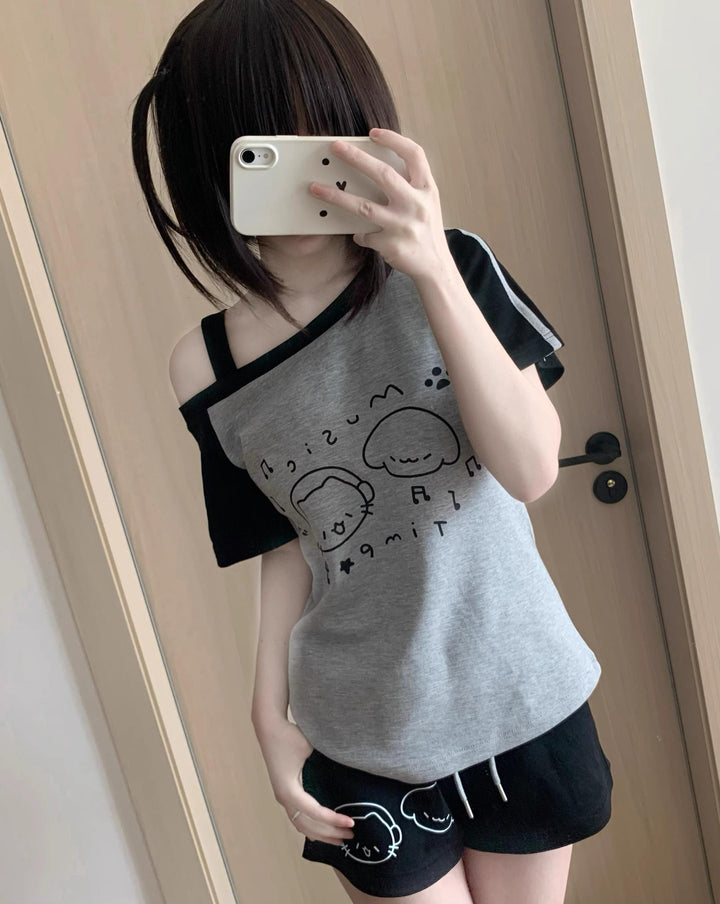 Kawaii Summer Music Time Printed T-shirt, Shorts With Pockets (L M S) 42904:760911