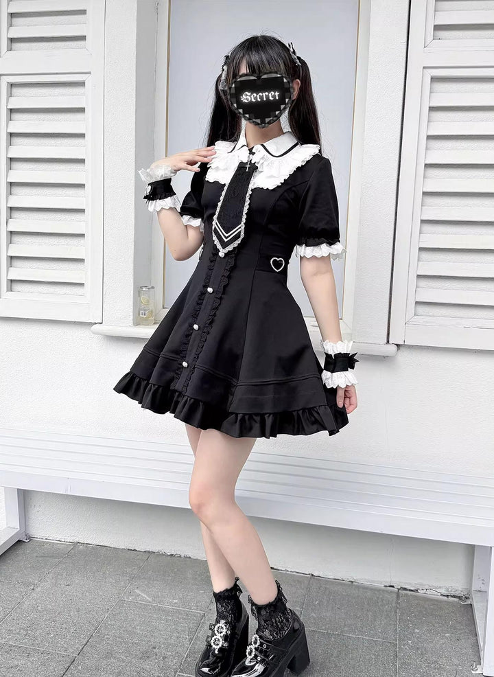 Black and White Jirai Kei Dress, Back Lace-Up 43613:781071