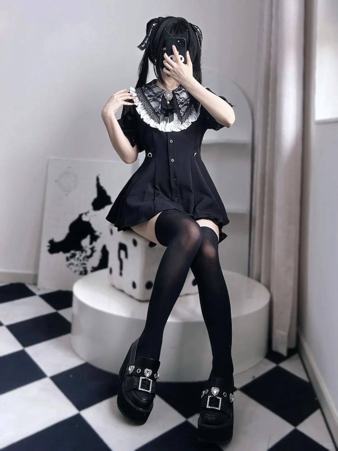 Jirai Kei Dress Set With Puritan Collar And Lace Trim Multicolor 37842:762155