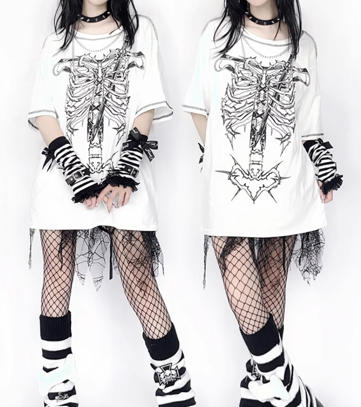 Gothic T-shirt Punk Ribbone Print Top Drop-Shoulder Shirt 39132:614790