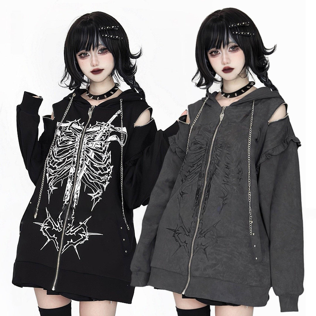 Subculture Ribcage Printed Zipper Hoodie, Open Shoulder 44482:811064
