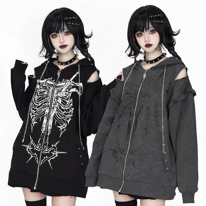 Subculture Ribcage Printed Zipper Hoodie, Open Shoulder 44482:811064