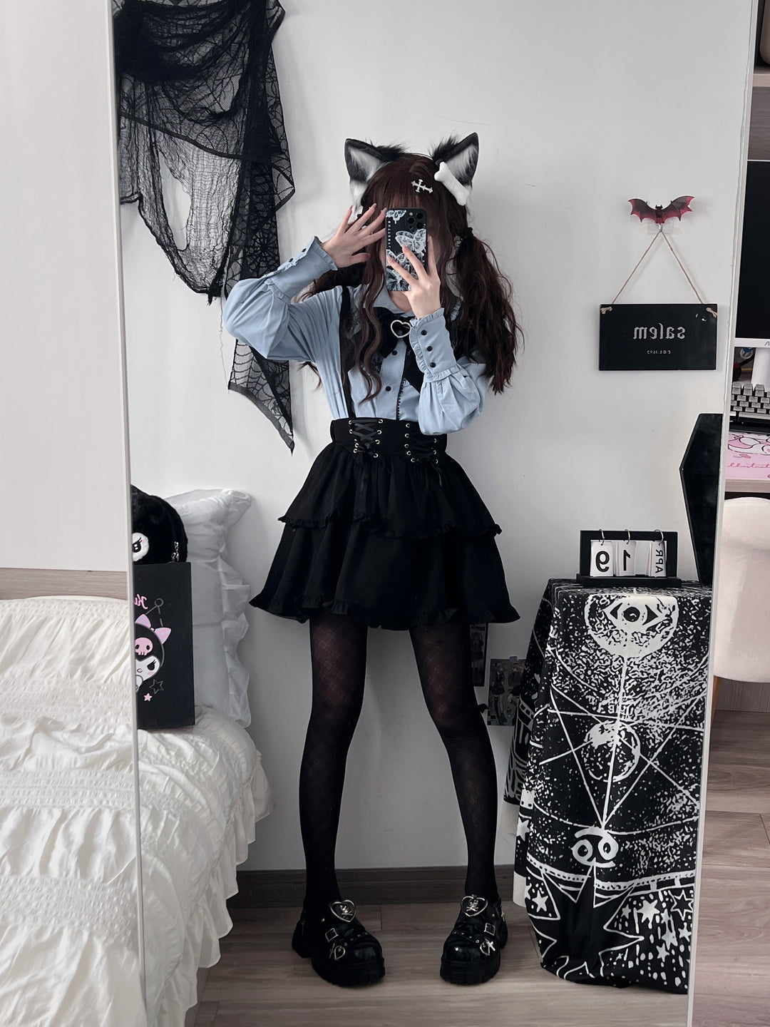 Pink Jirai Kei Blouse, Black Lace Up Skirt 21832:461367