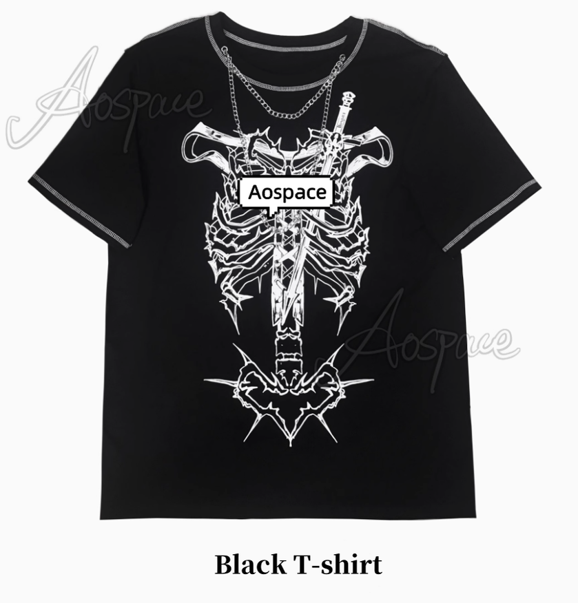 Gothic T-shirt Punk Ribbone Print Top Drop-Shoulder Shirt 39132:614778