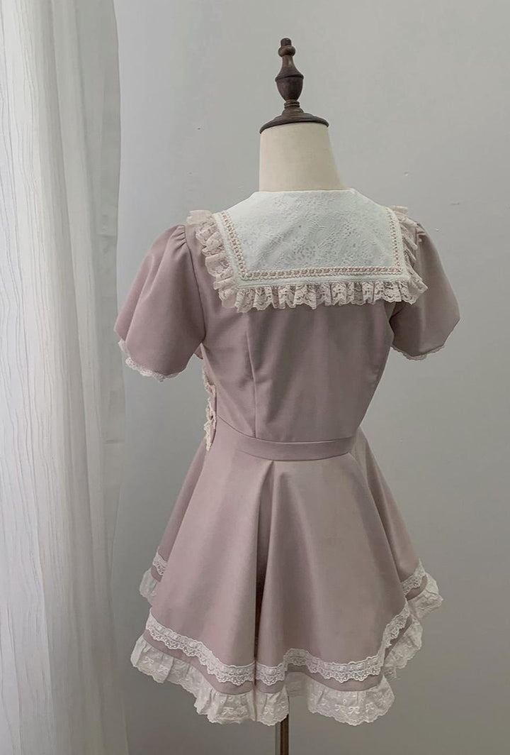 Pink High-waist Ryousangata Dress, Sailor Collar 44781:829348