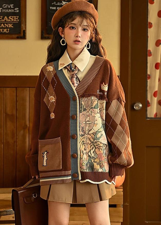 Mori Kei Vintage Style Melrad Knit Sweater Shirt Skirt Set 22716:335834