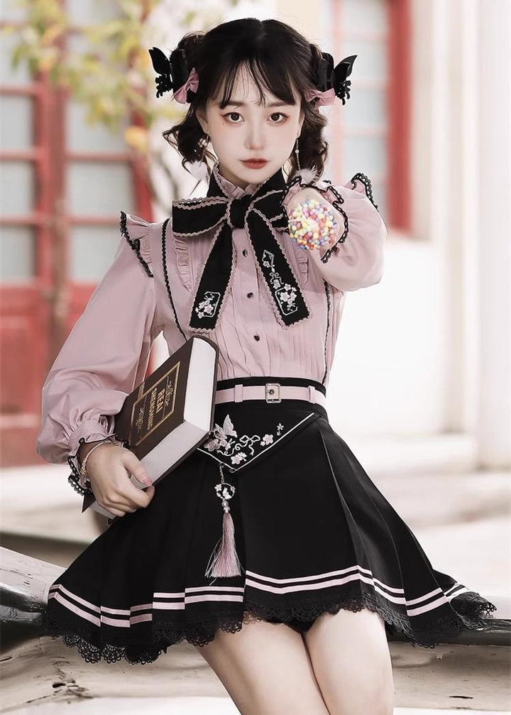 Pink Jirai Kei Blouse Black Skirt Chinese Hanfu Two-piece Set 22036:362444