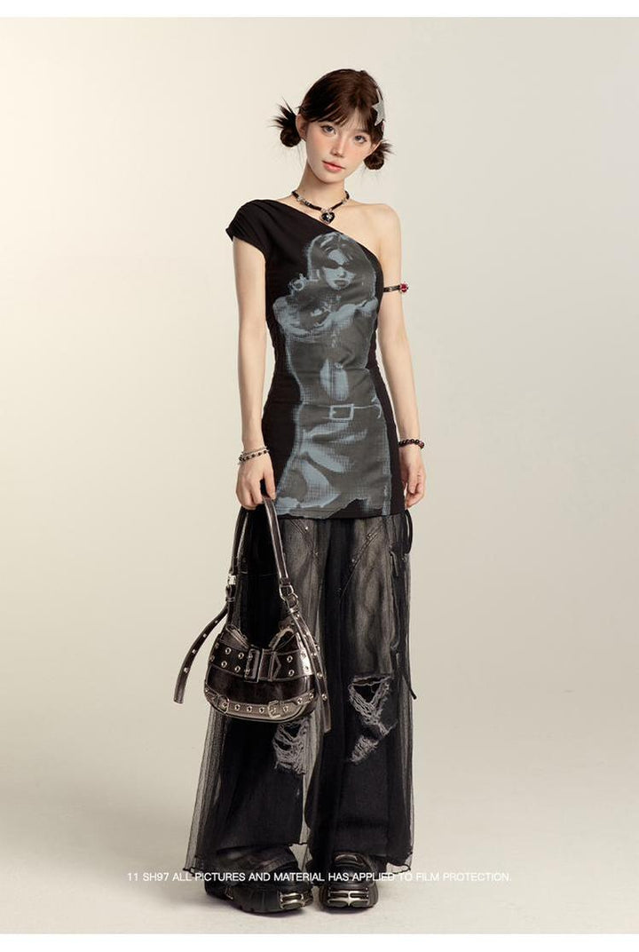 Punk Pants Black Straight Wide Leg Ripped Jeans Autumn 39760:642262