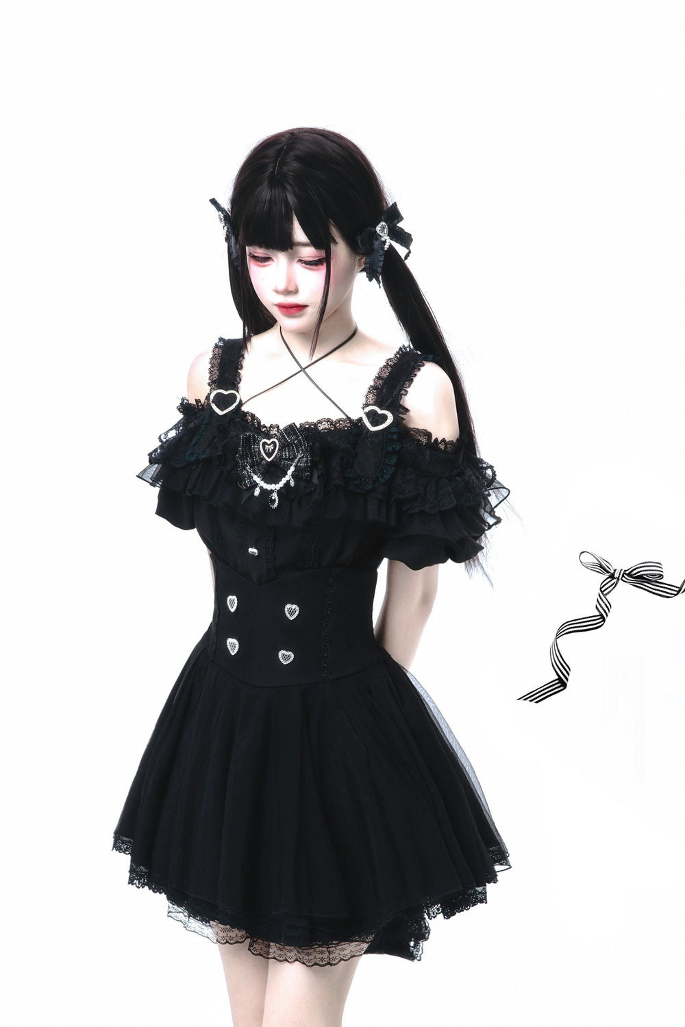 Jirai Kei Skirt Set Open-shoulder Blouse with Heart Bow Tie 42864:755973