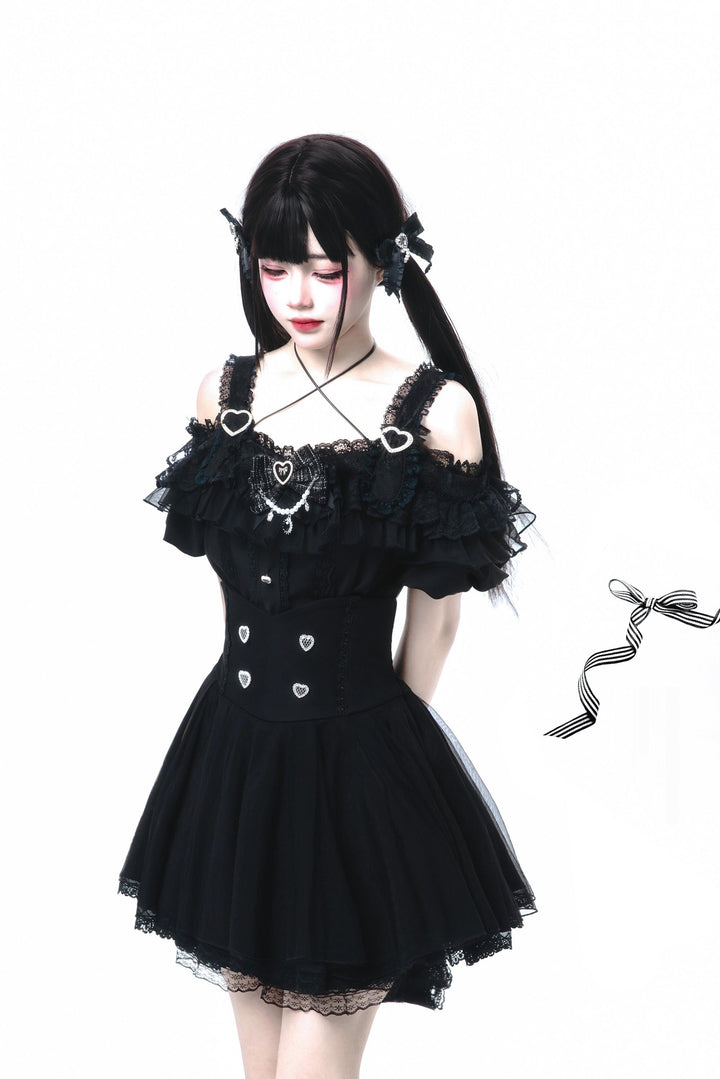 Jirai Kei Skirt Set Open-shoulder Blouse with Heart Bow Tie 42864:755973