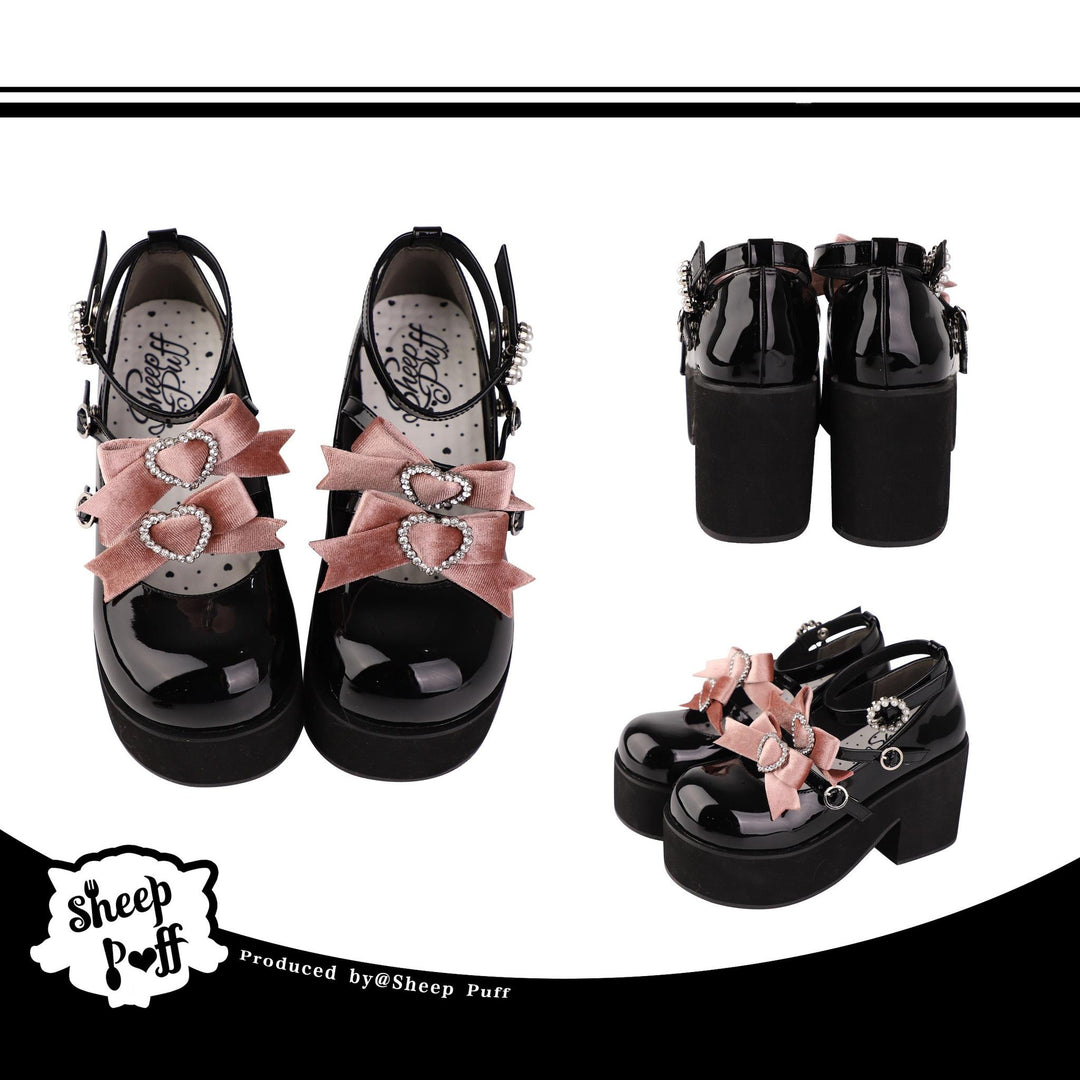 Jirai Kei Black Platform Shoes With Bow and Rhinestone 21982:321678