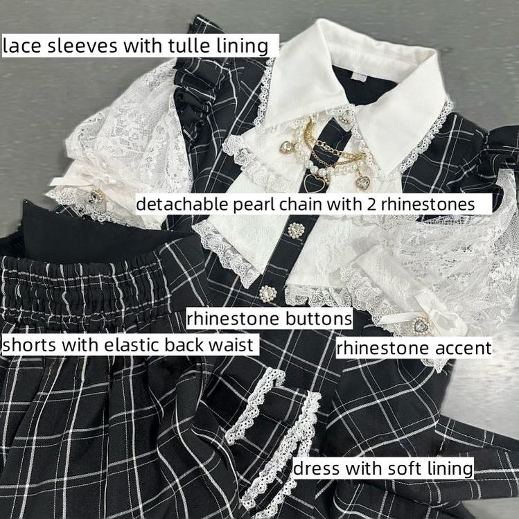 Plaid/Black Jirai Kei Dress Set, Lace Sleeve, Pearl Chain 43241:774509