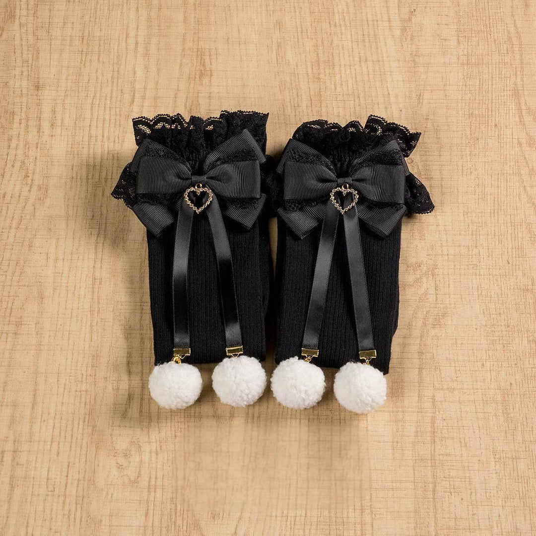 Jirai Kei Knee Socks Lace Bow Pom-Pom Mid-Calf Socks (Black) 40886:678930