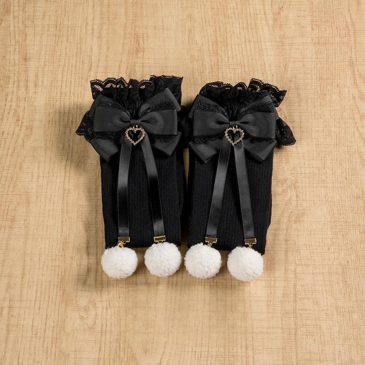 Jirai Kei Knee Socks Lace Bow Pom-Pom Mid-Calf Socks (Black) 40886:678930
