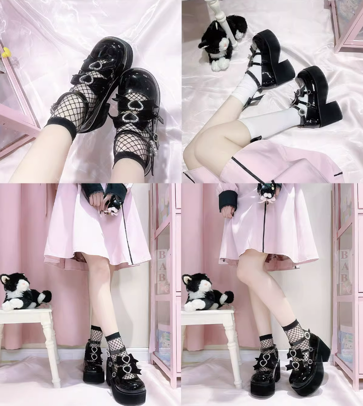 Jirai Kei Black Platform Shoes With Bow and Rhinestone 21982:321674