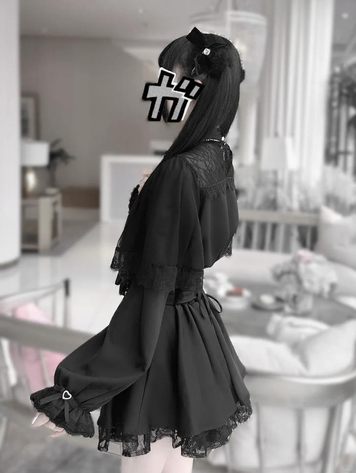 Jirai Kei Hollow-Out Lace Blouse Black Skirt With Pearl Chain 42163:731428