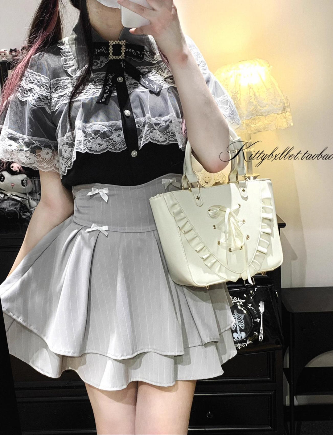 Striped Jirai Kei Skirt, Elastic Built-in Waist Shorts 43074:766276