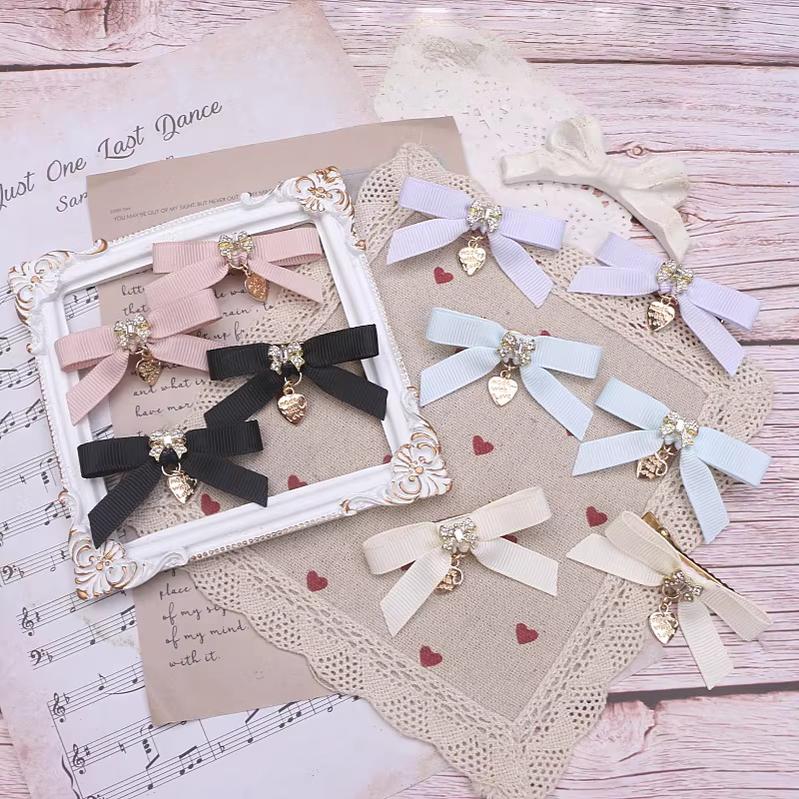 Jirai Kei Hair Clip, Rhinestone Bow & Heart Pendant 45071:834231