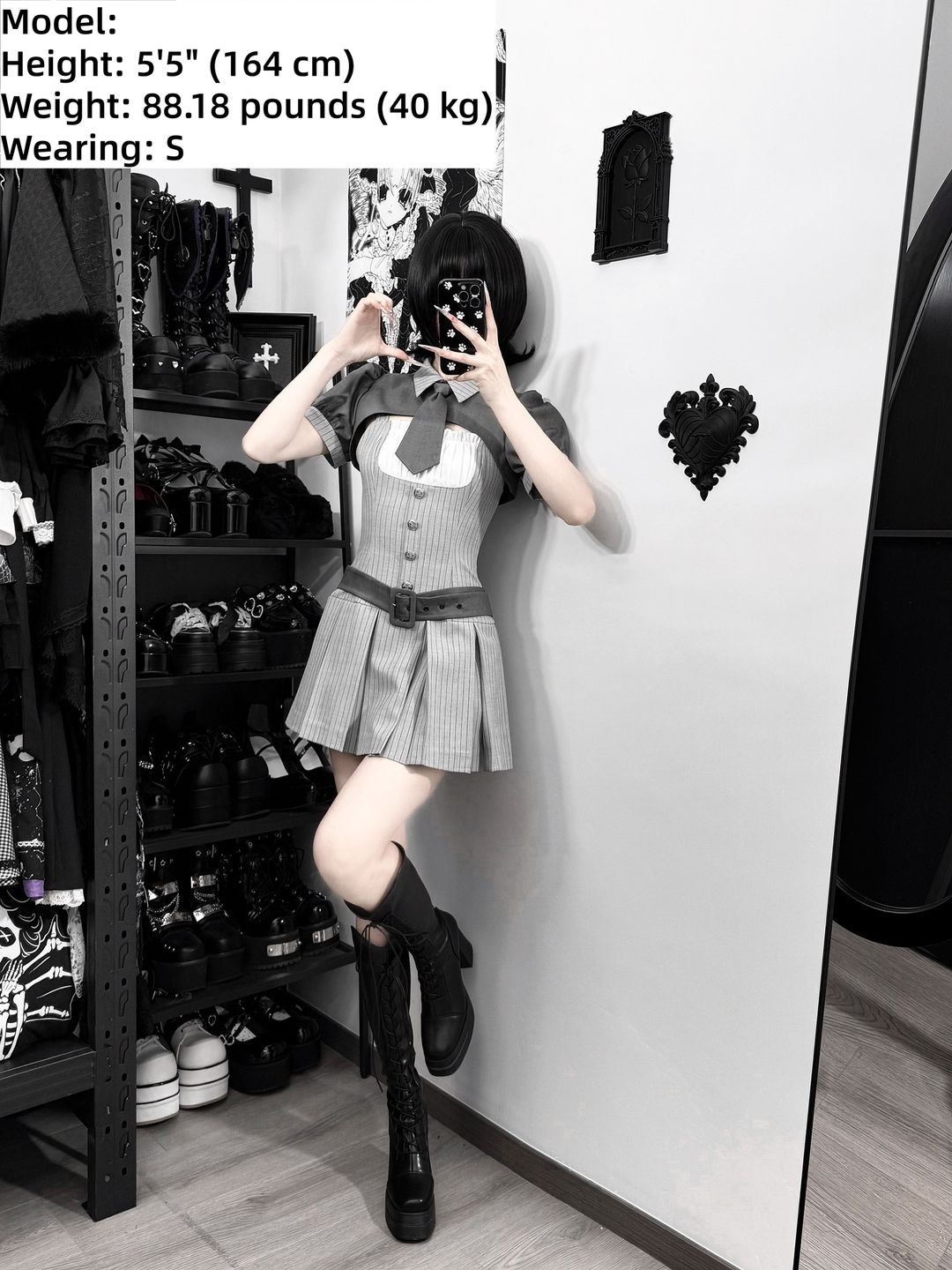 Jirai Kei Gray Striped Faux Two-Piece Dress, Mini Tie 44808:829291