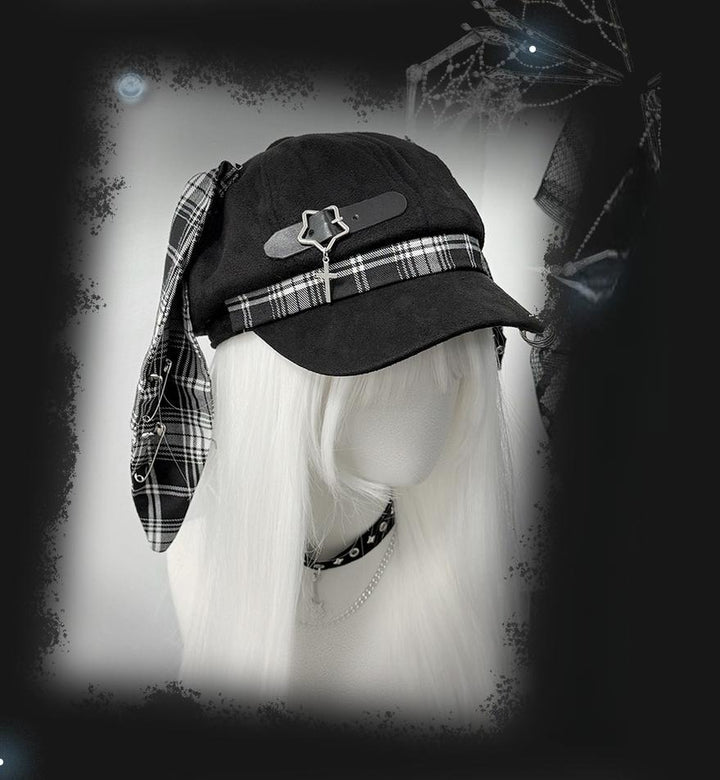 Plaid Punk Beret Hat, Bunny Ears, Safety Pins 43833:786499