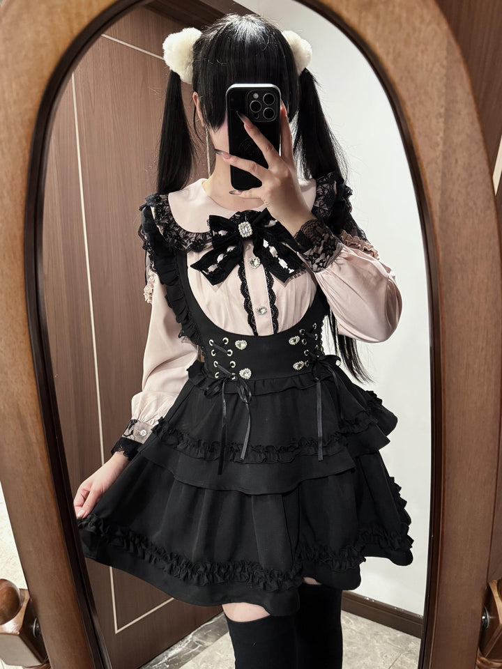 Jirai Kei Long Sleeve Blouse, Black Suspender Skirt (L M S) 44031:803509