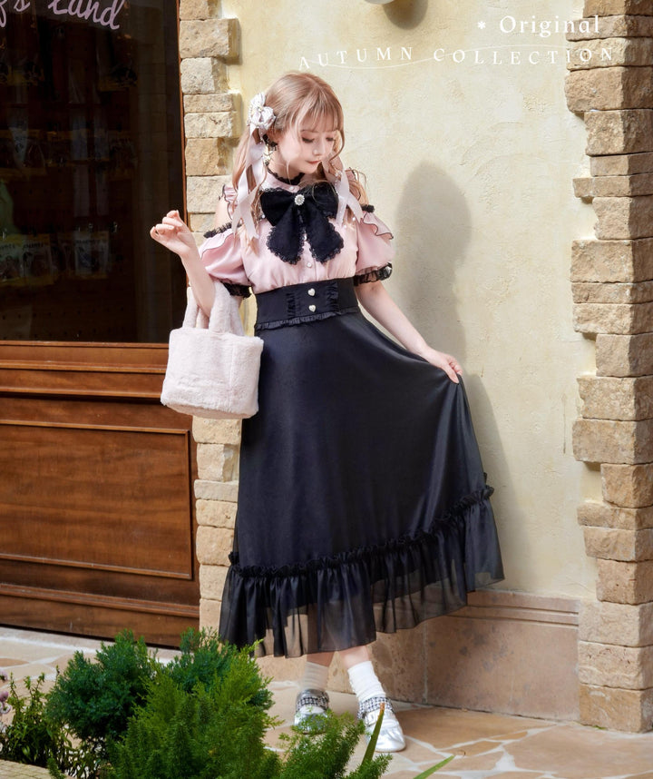 Jirai Kei Open-Shoulder Long Dress, Detachable Bow (2XL 3XL L M S XL) 44754:824060