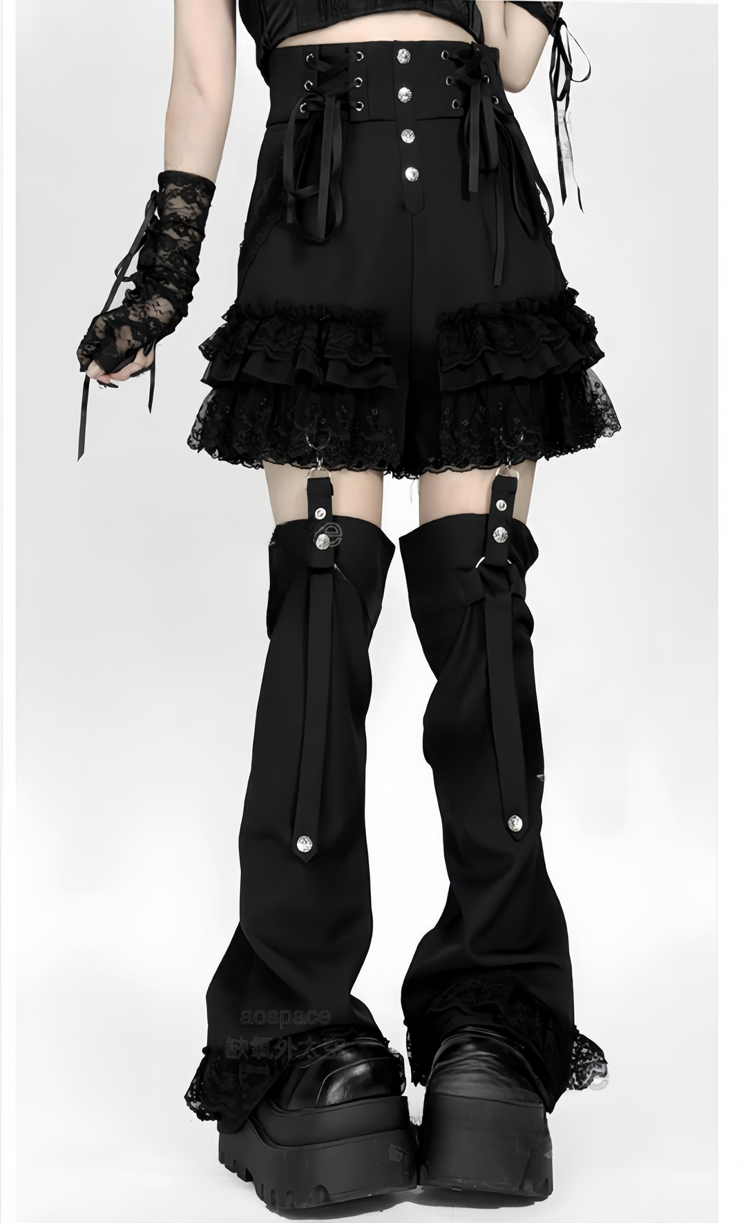 Punk Shorts Y2K Patchwork Leg Cover Tiered Lace 40638:671532