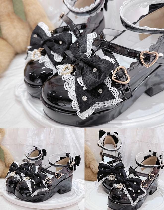 Jirai Kei Platform Shoes, Lace Bow Details, Chunky Heel 43445:778186