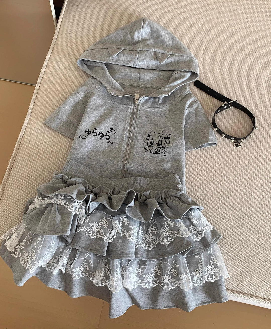 Kawaii Lace Cake Skirt with Sporty Zip-Up & Triple Ruffles (L M S) 42702:751001