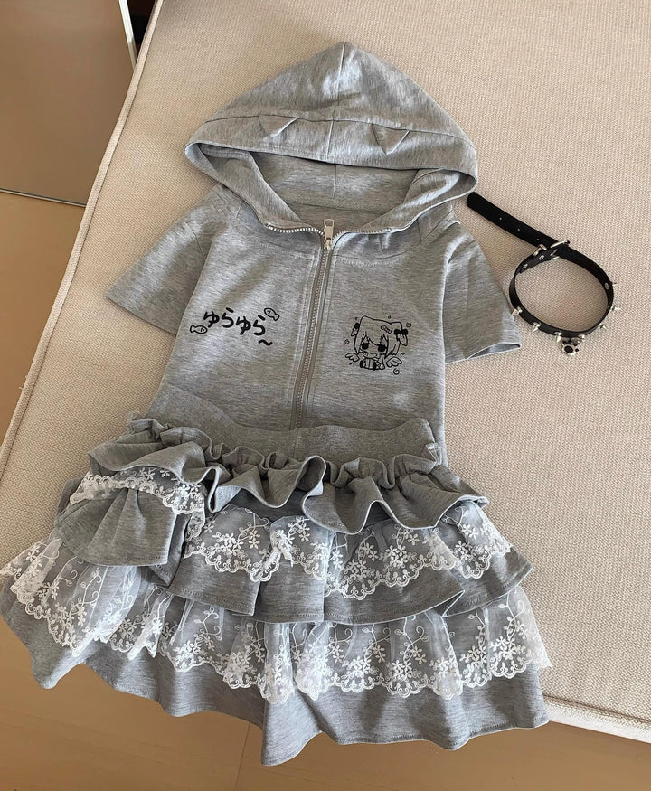 Kawaii Lace Cake Skirt with Sporty Zip-Up & Triple Ruffles (L M S) 42702:751001