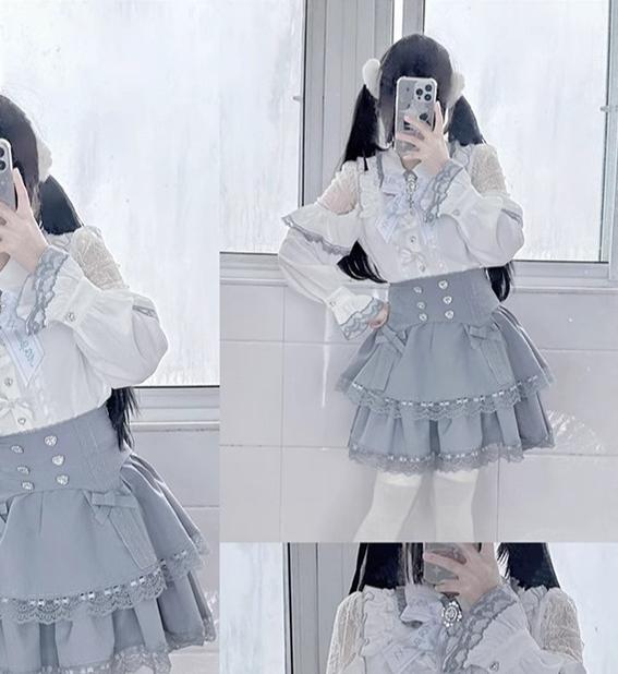 Jirai Kei Blouse Mini Skirt Patchwork Open Shoulder Bi Color Shirt 34500:463870
