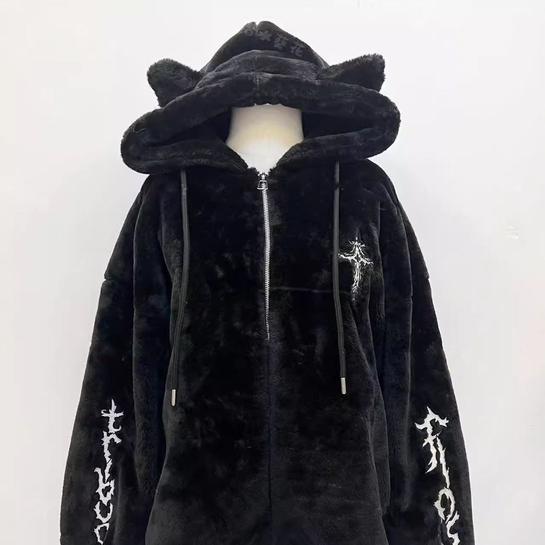Jirai Kei Coat Black Fleece Hooded Jacket With Cat Ears 40754:678002