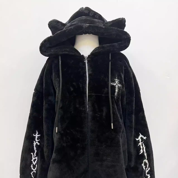 Jirai Kei Coat Black Fleece Hooded Jacket With Cat Ears 40754:678002