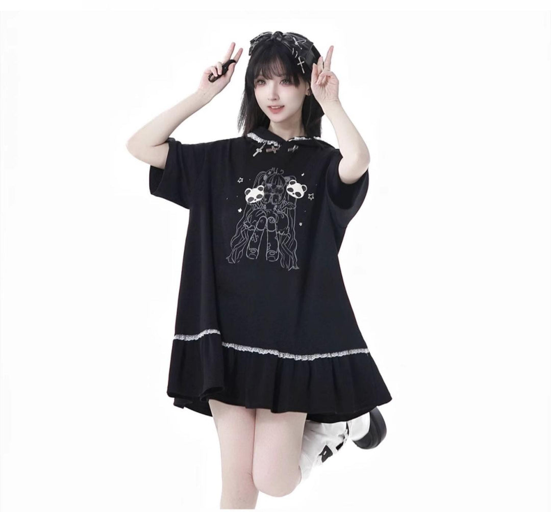 Black Cotton Sport-styled Jirai Kei Hoodie Dress & Shorts Set 42980:761495
