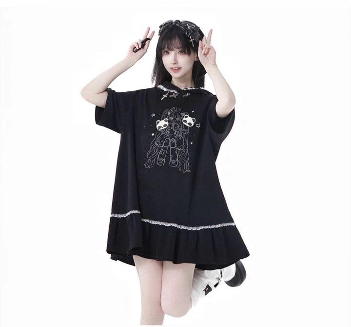 Black Cotton Sport-styled Jirai Kei Hoodie Dress & Shorts Set 42980:761495