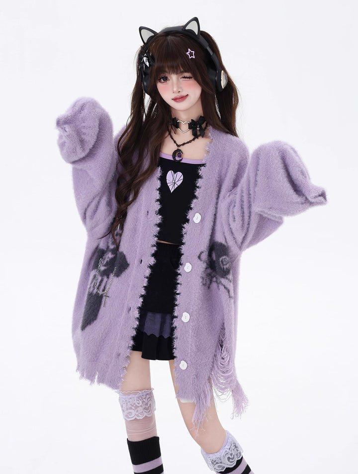 Jirai Kei Sweater Irregular Hem Cardigan With Striped Scarf 40922:680462