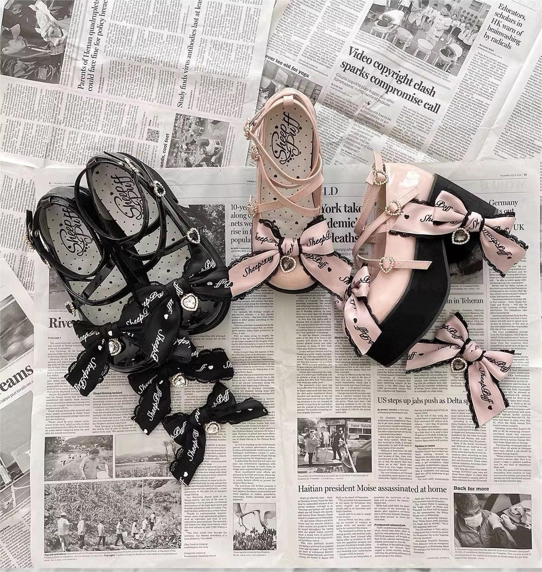 Jirai Kei Shoes Black Pink Platform Shoes Bow Buckle Shoes 21984:351174