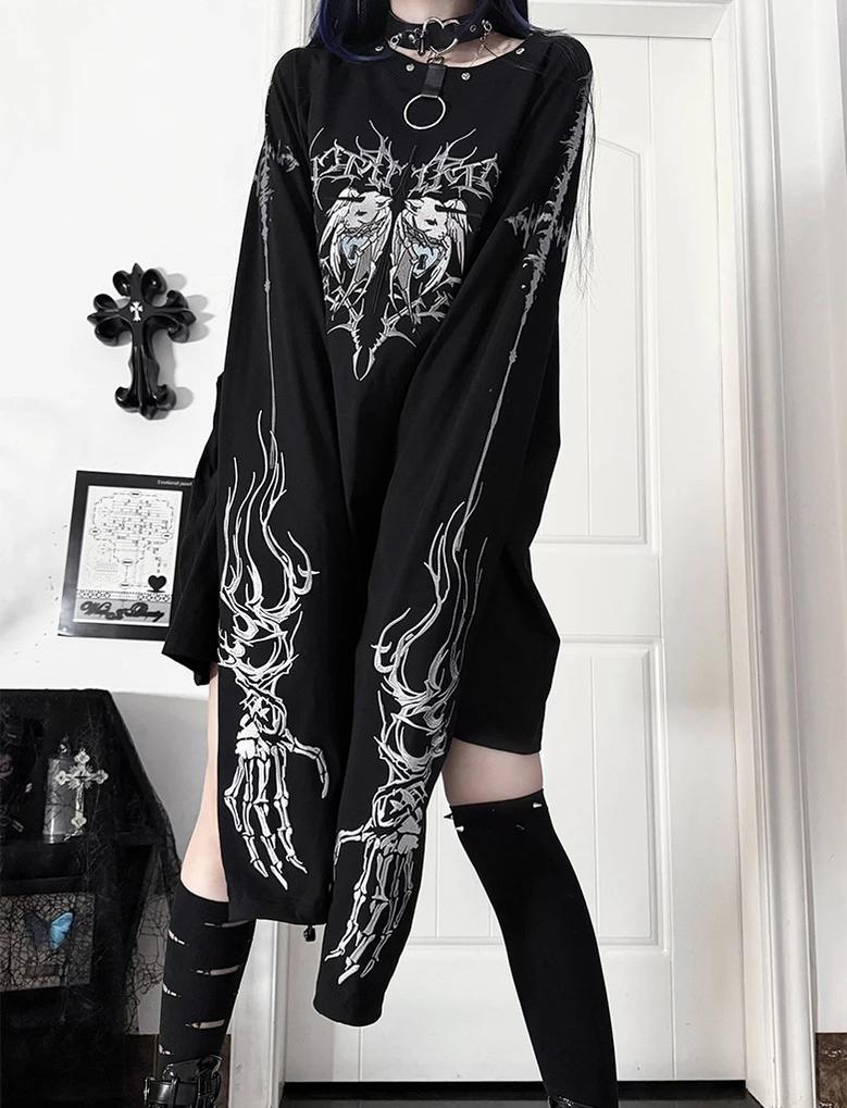 Gothic Long Sleeve Cotton T-Shirt, Demon Ram Embroidery 46062:875058