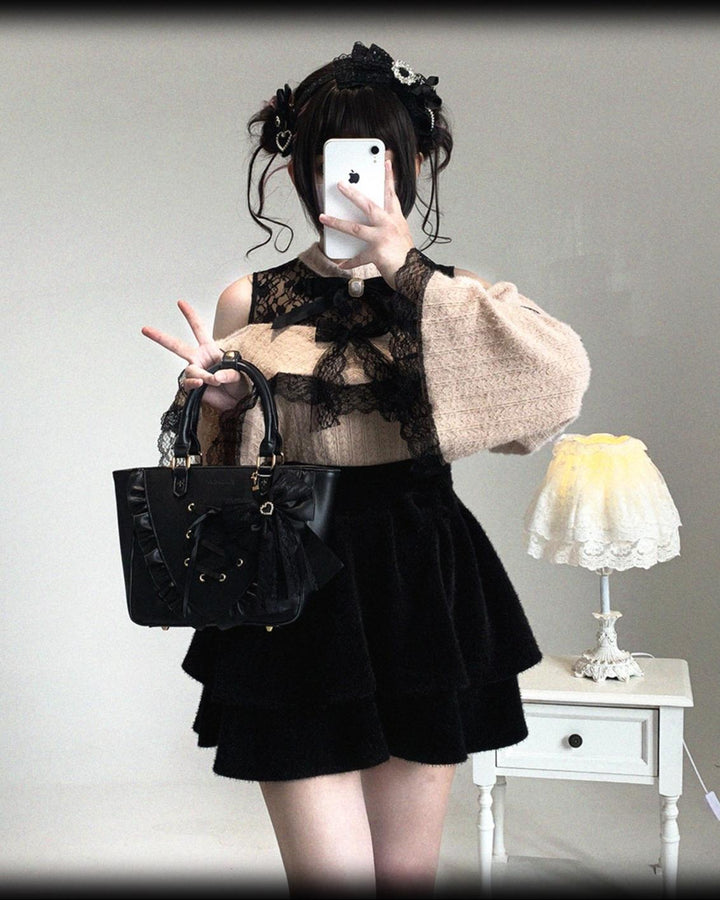 Soft Plush Ryousangata Sweater, Lace Details 44470:810478