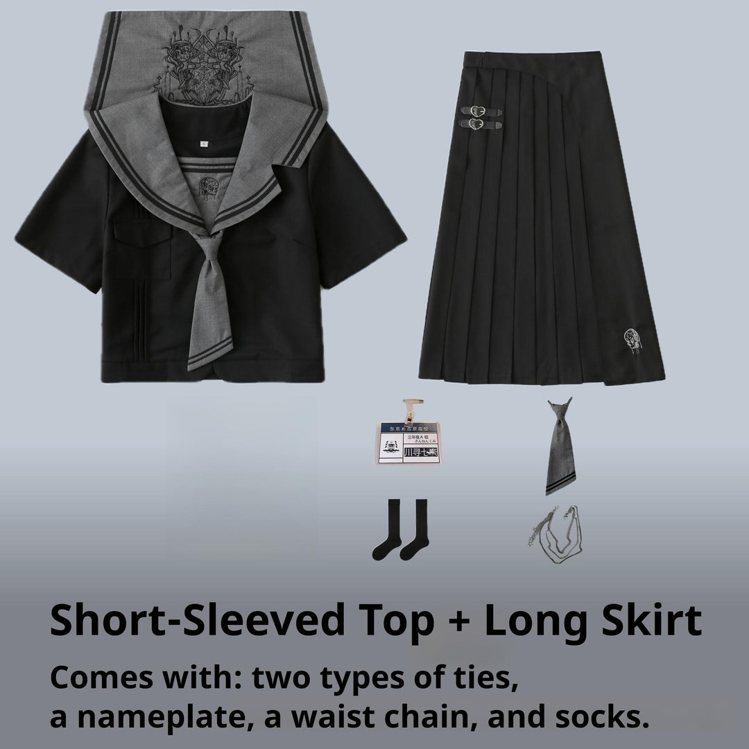 Black JK Uniform Sailor Collar Blouse Pocketed Pleated Skirt (2XL 3XL L M S XL) 43025:762744