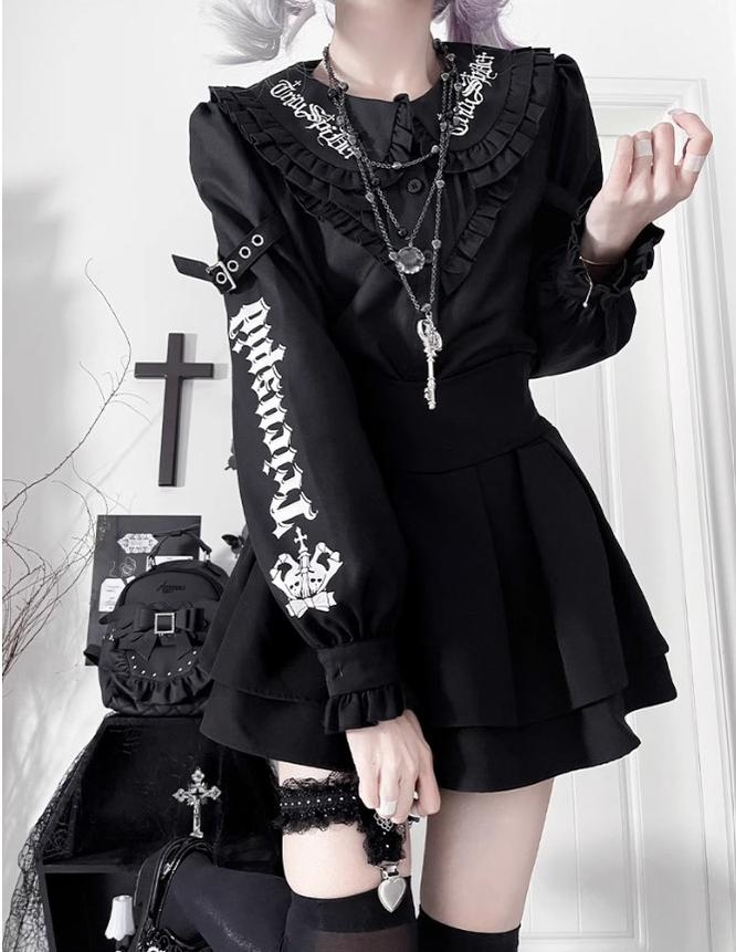 Black/White Jirai Kei Blouse with Skull Print & Peter Pan Collar 42861:758987