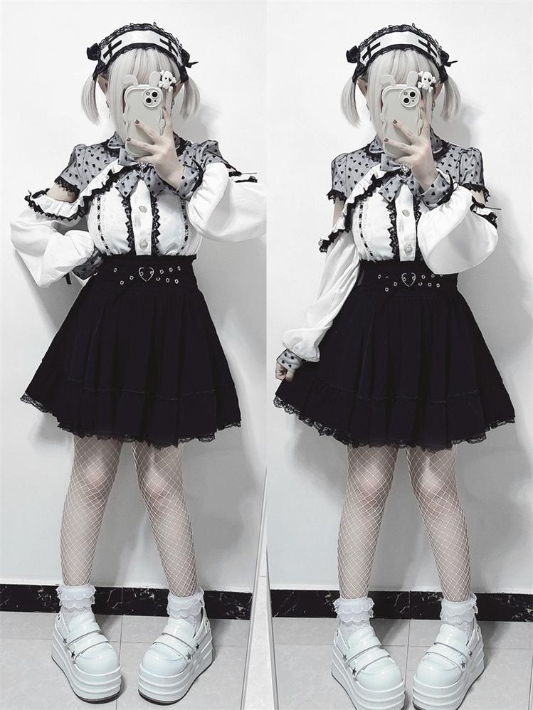 Jirai Kei Blouse, Lace Open Shoulder, Dolka Dots 34044:645170