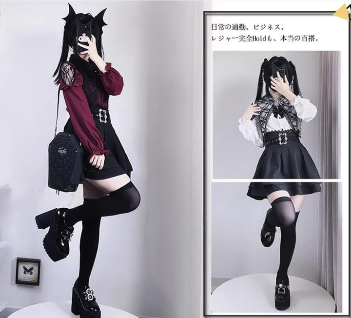 Pointed Lace Collar Jirai Kei Blouse & Black Skirt 42949:769846